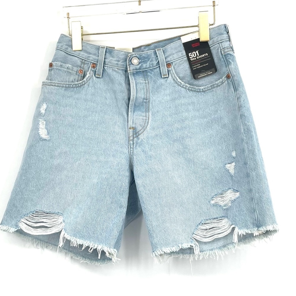 Levi's Light Blue Distressed High-Rise Jean Shorts. 27 - Picture 2 of 9